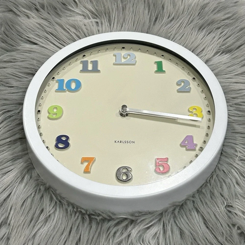 Vintage Karlsson Rainbow Colored Numbers Wall Clock Cream Face WhiteMetal Casing